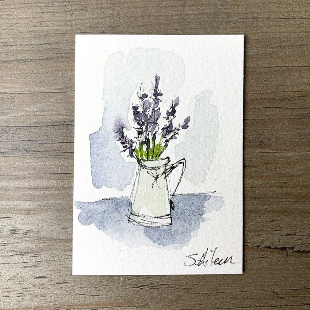 ACEO Painting Watercolor Ink Lavender Purple Flower in Vase Botanical III Signed - Picture 2 of 2